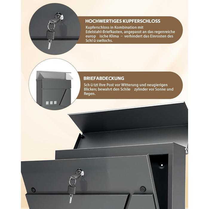 Поштовий ящик Anthrazit з нержавіючої сталі з відділенням для газет (37x37x10 см), персоналізований з табличкою для імені, стійкий до погодних умов, наклейки проти небажаної реклами, настінний поштовий ящик