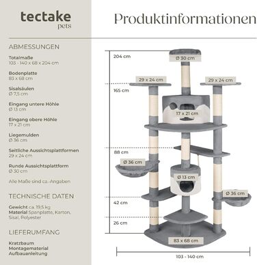 Дерево для котів tectake® XXL з аксесуарами: лежанка, 2 котячі будиночки, когтеточка з сизалевого мотузка, сірий/білий