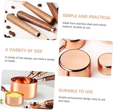 GREENADSCAPE 8-Piece Measuring Cup and Spoon Set for Bakers, Stainless Steel, Walnut Handle, Rose Gold, Multifunctional Kitchen Tool