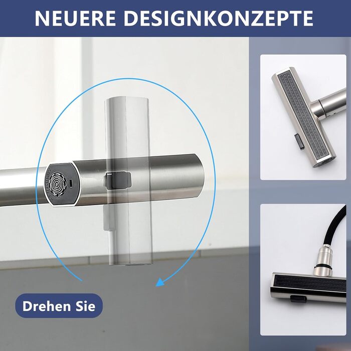 Кухонний змішувач AIMADI висувний з 3-ма режимами, з душовою насадкою, 38 см, однорідний, для холодної та гарячої води, для раковини та кухонного острова, з нержавіючої сталі, водоспад, матовий нікель