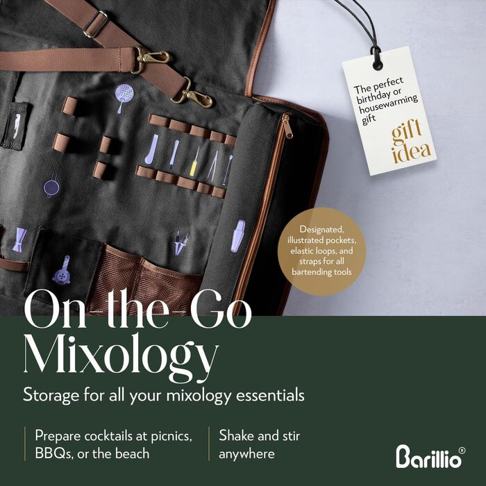 Набір бармена Barillio з золотим шейкером: 17 предметів, сумка для подорожей, вощена тканина - мобільний бар для коктейлів