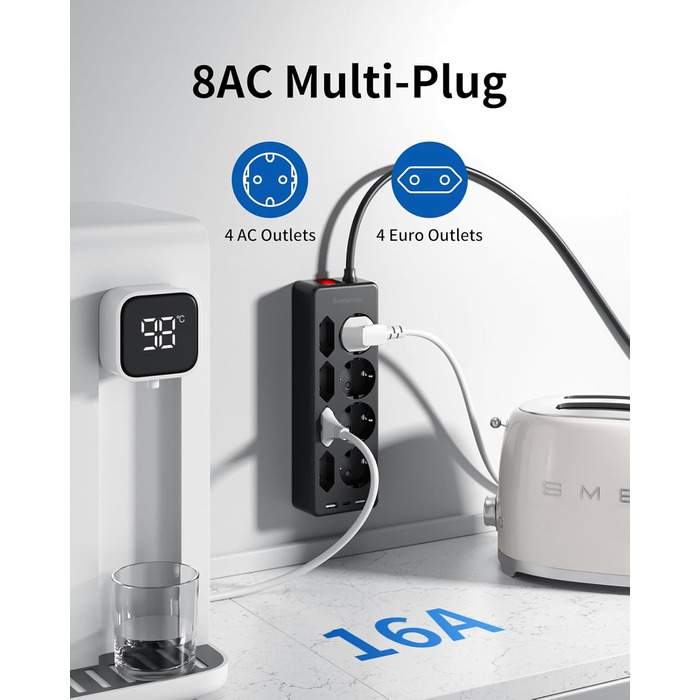 Мережевий фільтр Sameriver 8-фазний з захистом від перенапруги, 3 USB, вимикач, кабель 3M, чорний