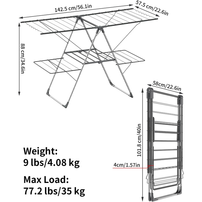 Сушарка для білизни Innotic - розкладна, портативна, з 4 крилами, регульована по висоті, для балкону та дому (сіра)