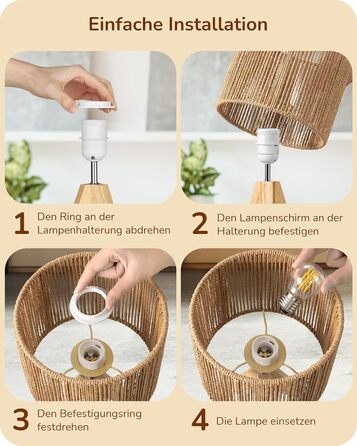 LED настільна лампа EDISHINE з абажуром з ручної роботи та дерев'яною ніжкою, 2700K, тепле біле світло, бохо стиль, для спальні, вітальні, готелю, з лампочкою E27 4W, в'язаний паперовий шнур