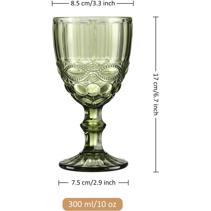 Joeyan 300ml Green Wine Glasses, Set of 4 Vintage Goblets with Cut Glass, Colored Wine Glass for Wine Juice Drinks, Red Wine Glasses White Wine Glasses Drinking Glasses with Stem, Dishwasher Safe