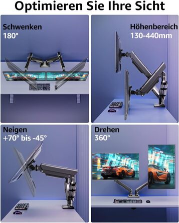 Тримач для монітора ELIVED EV6012W для 2 моніторів (13-32 дюйми), чорний, VESA 75/100mm, газ-амортизатор, регульований