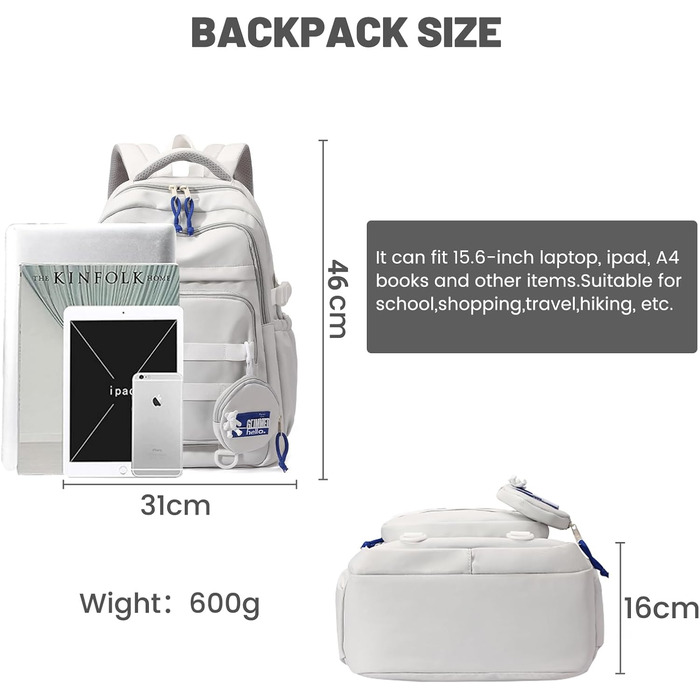 Шкільний рюкзак для дівчаток-підлітків, водонепроникний, легкий, великого об'єму, модний рюкзак для школи або подорожей (світло-сірий)