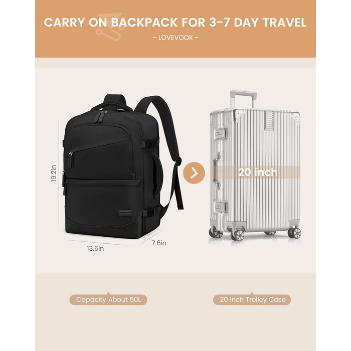 LOVEVOOK Рюкзак для ручної поклажі 40л, чорний, для подорожей, з відділенням для мокрого та сухого, для ноутбука, 45x36x20 см