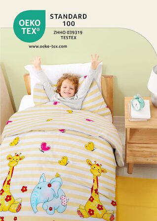 Комплект постільної білизни для дітей Gräfenstayn® з принтом тварин (жирафа та слон) - 100% бавовна (ренфорс) - ковдра 135x100 см, подушка 135x100 см