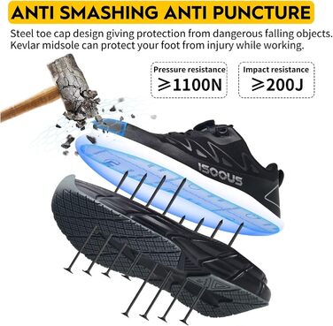 Черевики робочі чоловічі ISOOUS S3S, водонепроникні, ESD, з неслизькою підошвою, зручні, зі сталевим підноском, 43 EU, чорний/сірий