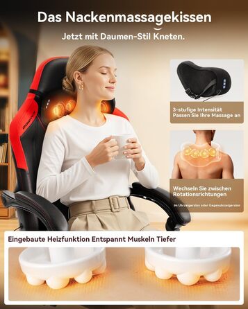 Ігровий крісло Dowinx з масажем, ергономічний дизайн, підтримка попереку та шиї, до 135 кг, шкіра, для дорослих (червоний)