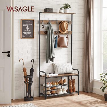VASAGLE Coat Rack, Coat Stand, Clothes Rack with 9 Hooks, Shoe Bench, Shelf, 30 x 85 x 180.5 cm, for Entryway, Bedroom, Small Apartments, Industrial Design, Vintage Brown-Black HSR409B01