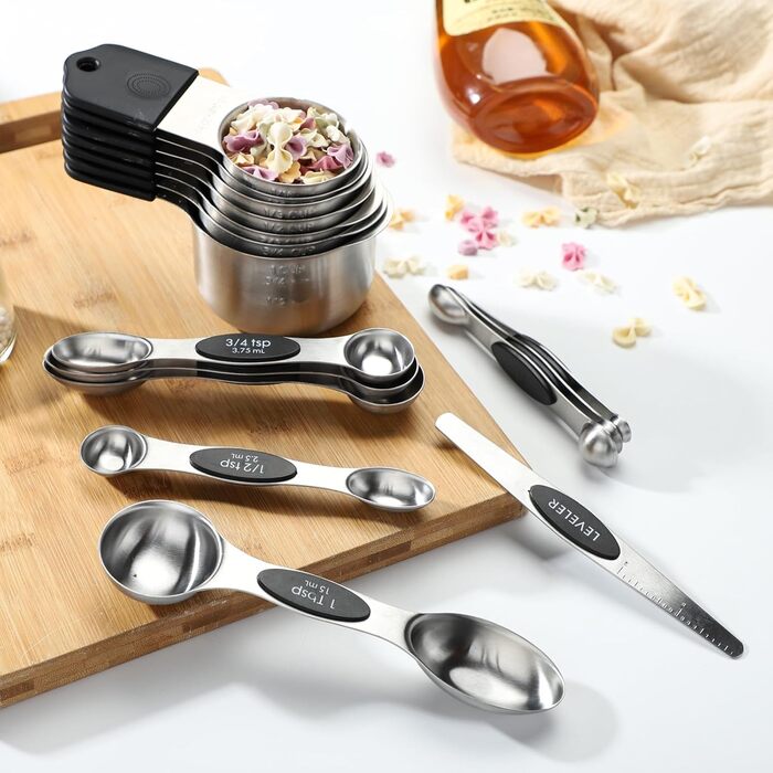 Magnetic Measuring Cups and Spoons Set with 16 Pieces, including 7 stackable magnetic stainless steel measuring cups, 8 magnetic measuring spoons with leveler for dry and liquid ingredients