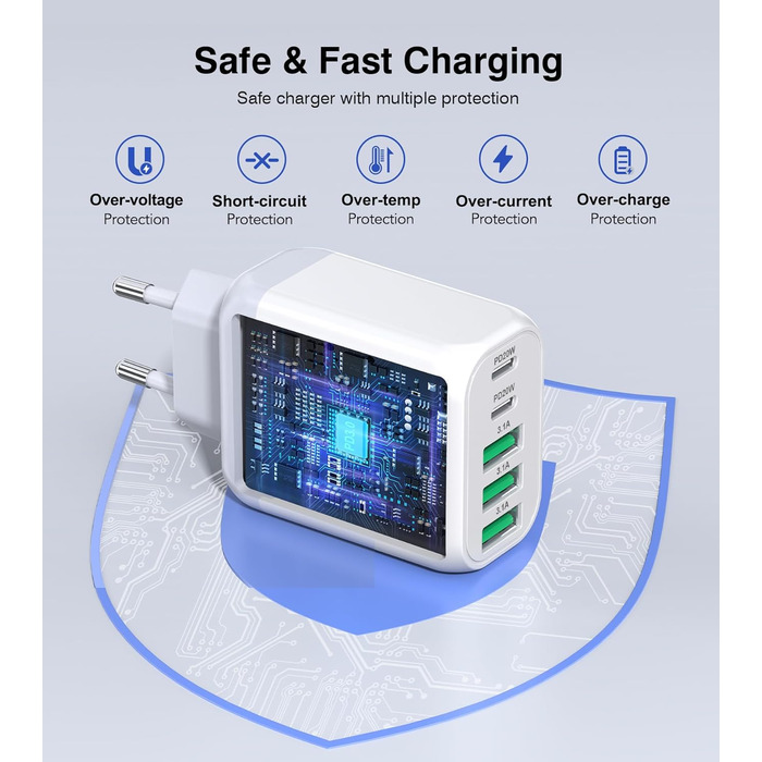 Мережевий зарядний пристрій USB-C з 5 портами, швидка зарядка, білий. Заряджає iPhone, Samsung Galaxy, Google Pixel та інші пристрої.