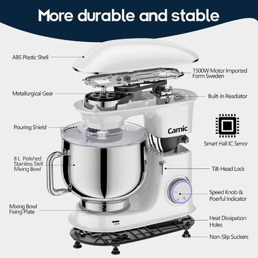 Stand Mixer Dough Mixer Camic 1500W 8L Stand Mixer Whisking Device Multifunction Mixer Quiet, Powerful, and Professional, 6 Speeds with Pulse, Stainless Steel Bowl (White)