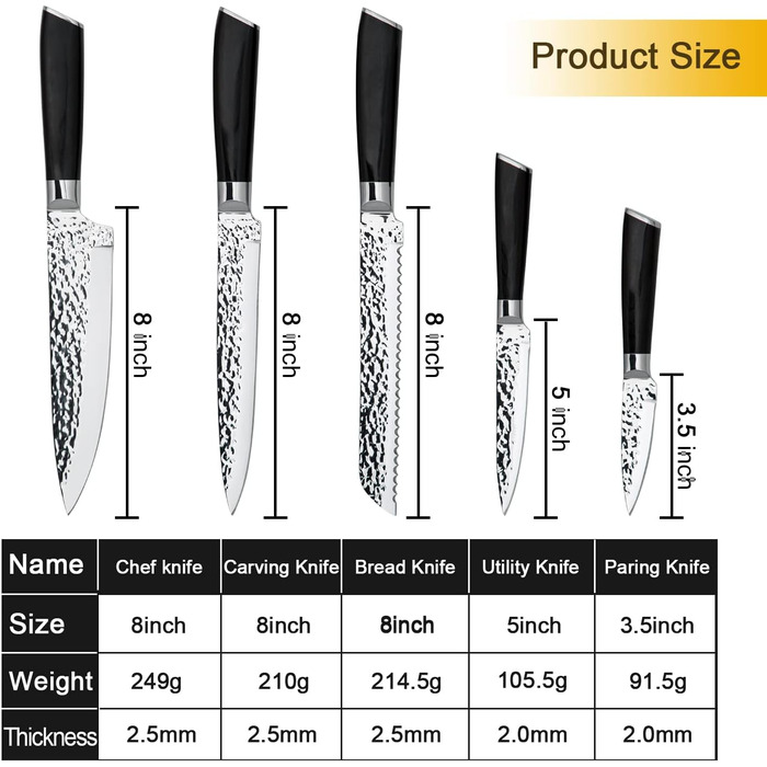 Набір кухонних ножів Messerblock 6-TLG з блоком: професійний набір з нержавіючої сталі з ергономічною ручкою з ебену, кухонний, м'ясний, хлібний, універсальний та овочевий ножі