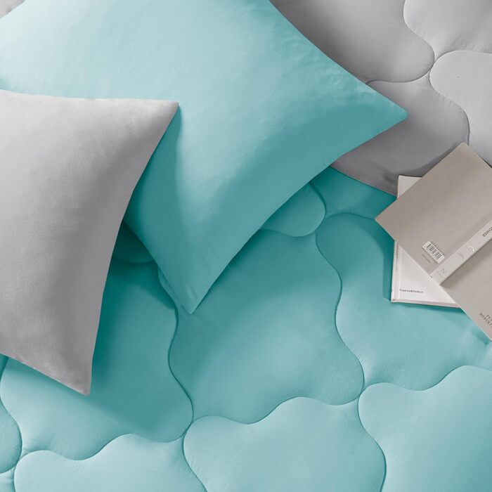 Комплект постільної білизни Comfort Spaces Vixie: стеганий дизайн, чорно-сірий, для всіх сезонів, з наволочками (Twin/Twin XL, Aqua/Grey)