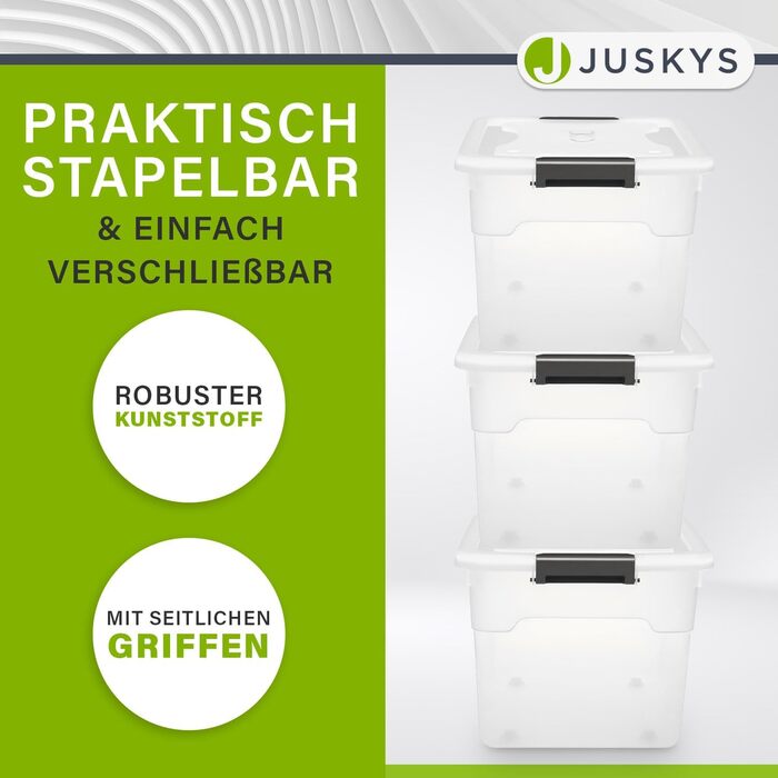 JUSKYS Storage Box with Lid - Set of 4 Plastic Boxes 45L - Large Box, Stackable, Transparent - Storage Organization System Storage Boxes