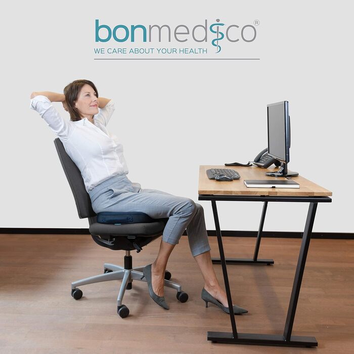 Ортопедична подушка для сидіння Bonmedico з Memory Foam та гелевим наповнювачем - для автомобіля, офісного крісла, інвалідного візка. Синя, для комфорту та підтримки спини.