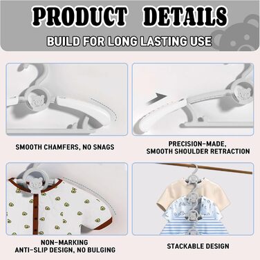 Вішалки для дитячого одягу HGYZE, 20 шт., 29-37 см, з підвішуванням для штанів, пластикові, стакові, регульовані, сірі та білі