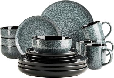MÄSER Filippa: Набір посуду з кераміки для 4 осіб (16 предметів); Тарілки, миски, чашки з реактивною глазур'ю, зелено-чорний колір, порцеляна