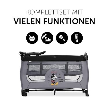 Hauck Travel Crib Sleep N Play Center with Newborn Nest, Changing Table, Carry Bag, Wheels, Crawl-Through Opening, Compact Folding, from Birth up to 15 kg (Disney Mickey Mouse Grey)