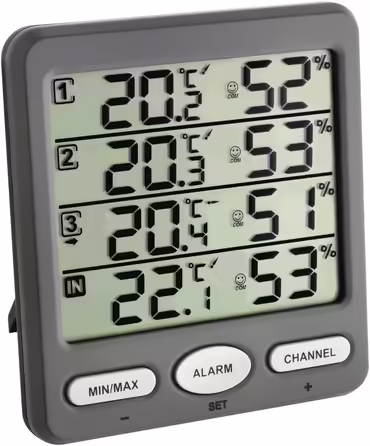 TFA Dostmann Climate Monitor Radio Thermohygrometer with 3 Sensors, Plastic, Grey L 116 x W 24 (64) x H 126 mm