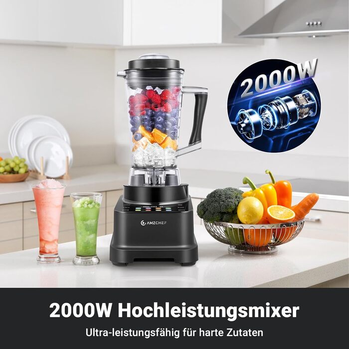 AMZCHEF 8-in-1 Multi Stand Mixer with Auto-IQ | 2000W High-Power Mixer with LCD Touchscreen | 2L Blender with 8 Smart Menus and 10 Speeds for the Kitchen | Black 25.6 x 20.1 x 47.6 cm Black