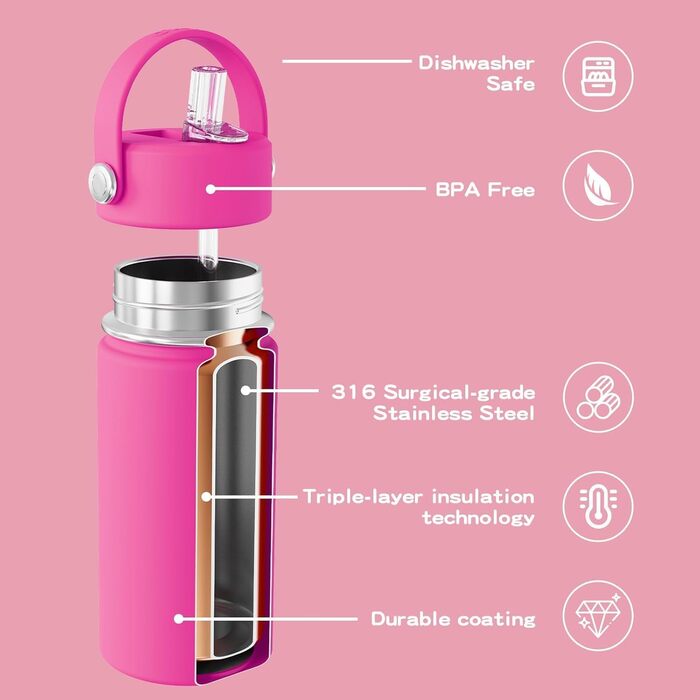 OISIZ Kids Water Bottle with Straw Lid, 400 ml, Vacuum-Insulated Thermos Flask made of 316 Stainless Steel, for Children for School, Leak-Proof Insulated Cup, BPA-Free and Keeps Drinks Cold for 24 Hours (Rose Red)
