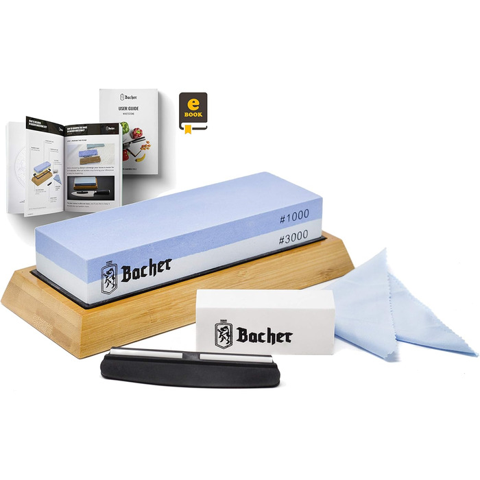 Преміум точильний камінь Bacher. Двобічний, зернистість 400/1000. Точило для ножів з антиковзним бамбуковим блоком, камінь для заточування, допоміжний інструмент для заточування та детальна інструкція у форматі eBook.