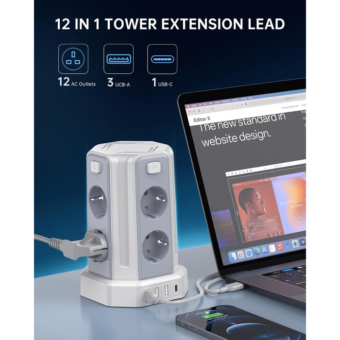 Многорозетка Sameriver з 4 USB, 8 розеток, захистом від перенапруги, вимикачем, 2м, білий