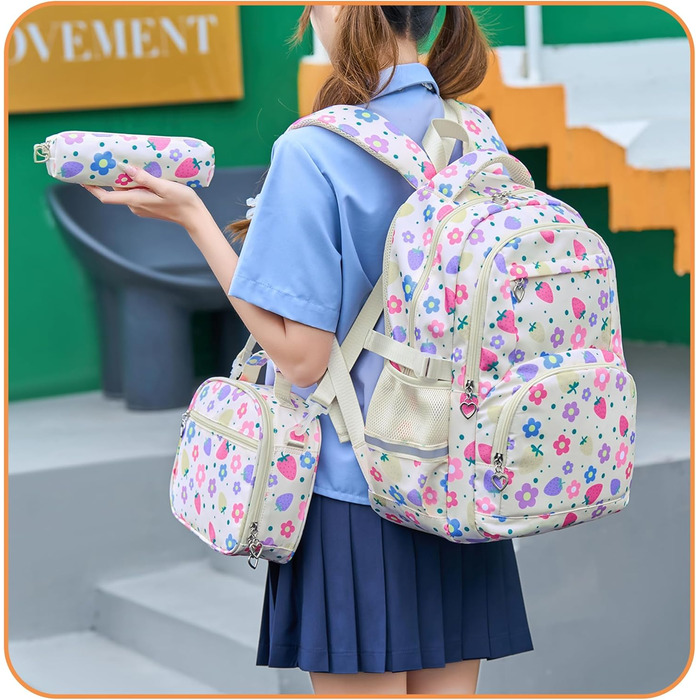 Шкільний рюкзак для дівчаток-підлітків у вінтажному стилі. Набір: рюкзак, ланч-бокс, пенал. Квітковий дизайн, відділення для ноутбука. Ідеально для школи, подорожей. Колір: Полуниця, Слонкост.