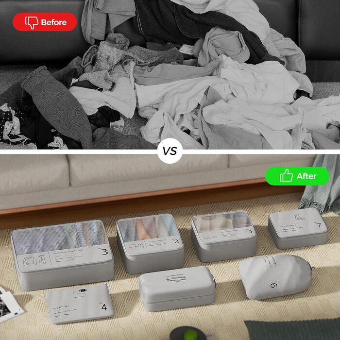 Органайзер для валізи Yomisee, Набір з 7 частин, Packwürfel Set, Органайзери для одягу в подорож, Сірий