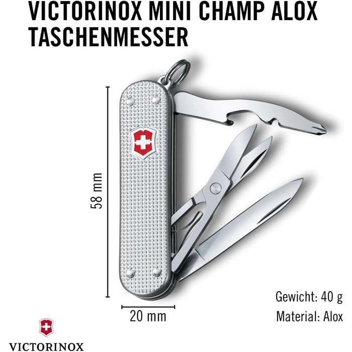 Швейцарський ніж Victorinox Mini Champ Alox: багатофункціональний інструмент, 15 функцій, Swiss Made, з відкривачем листів, відкривачем пляшок, інструментом для зачистки дротів, сріблястого кольору
