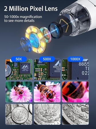 Цифровий мікроскоп AOPICK з LCD екраном, роздільна здатність 50X-500X, 4.3-дюймовий 1080P USB мікроскоп з 8 регульованими LED-лампами, для ПК, дорослих/дітей, сумісний з MacOS Windows (темно-сірий)