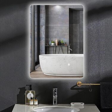 Дзеркало для ванної кімнати LED 50x70 см з підсвічуванням, сенсорне керування, регулювання яскравості, 3 кольори світла, без рамки