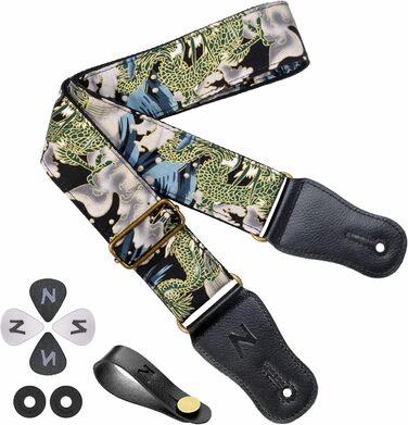 Японський гітарний ремінь Nefelibata з бавовни для акустичної гітари та укулеле, адаптер для голівки грифа, медіатори, регульована довжина 38'-64', візерунок дракона