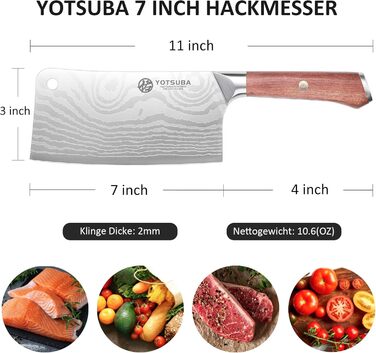 Кухонний ніж YOTSUBA Hackmesser 18 см: професійний кухонний тесак для м'яса та овочів з ергономічною ручкою Pakkawood