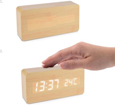 kwmobile Wooden-Look Digital Alarm Clock - Digital Clock with Time, Temperature, and Date Display - Alarm Clock with USB Cable in Birch with White LEDs