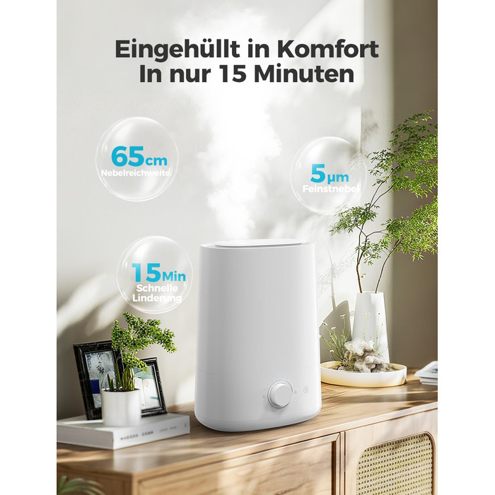 Зволожувач повітря AROEVE 5L з верхнім заповненням, ультразвуковий, холодний туман, для спальні з дифузором ефірних олій, 360° поворотний носик, 28dB нічне підсвічування, 50 годин роботи, для дитячої кімнати, рослин