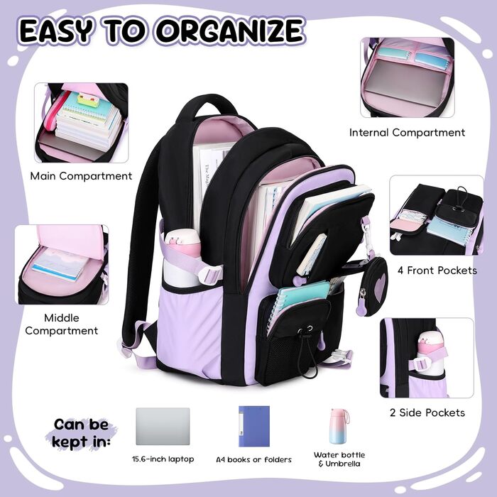 Шкільний рюкзак для дівчаток 1-5 класів з милим брелоком, стильний рюкзак для школи та подорожей, чорний