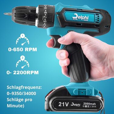 Акумуляторний ударний шуруповерт Delphi з 2 акумуляторами та зарядним пристроєм (50 Нм, 2200 об/хв - 2 швидкості) 21V комплект з кейсом (41 шт.) 2 x 2000 mAh з LED-підсвічуванням