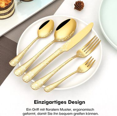 Gold Cutlery Set for 6 People, HONKKU 30-Piece Stainless Steel Cutlery Set, Dining Cutlery Set Mirror Polished with Floral Patterns, Fork Spoon Knife Set Dishwasher Safe