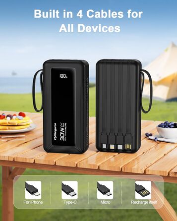 Повербанк з 4 вбудованими кабелями 27000mAh 30W USB-C швидка зарядка, зовнішній акумулятор з LED-дисплеєм для iPhone, Samsung, iPad та Android (Чорний)