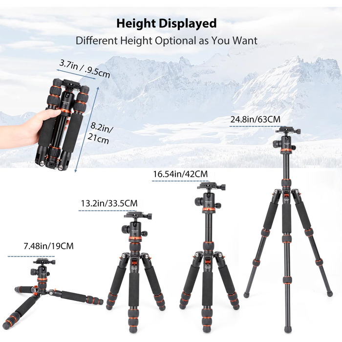 Міні штатив Koolehaoda для камери з алюмінію, 63 см, портативний, з кульковою головкою 360° та QR-платформою для DSLR/відеокамер, до 10 кг (Помаранчевий)