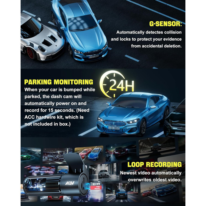 Відеореєстратор AQV Dashcam Auto Vorne und Hinten 4K з WiFi, 64GB SD, G-сенсор, Super Night Vision, 170°+140° Кут огляду, Black-D18