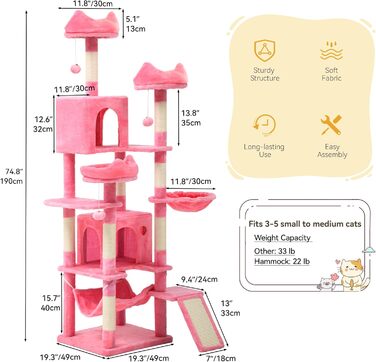 Кігтеточка YITAHOME XXL, 190 см, з 8 стовпів з сизалю, 3 платформи, 2 печери, кошик, гамак, іграшки, для котів, рожева