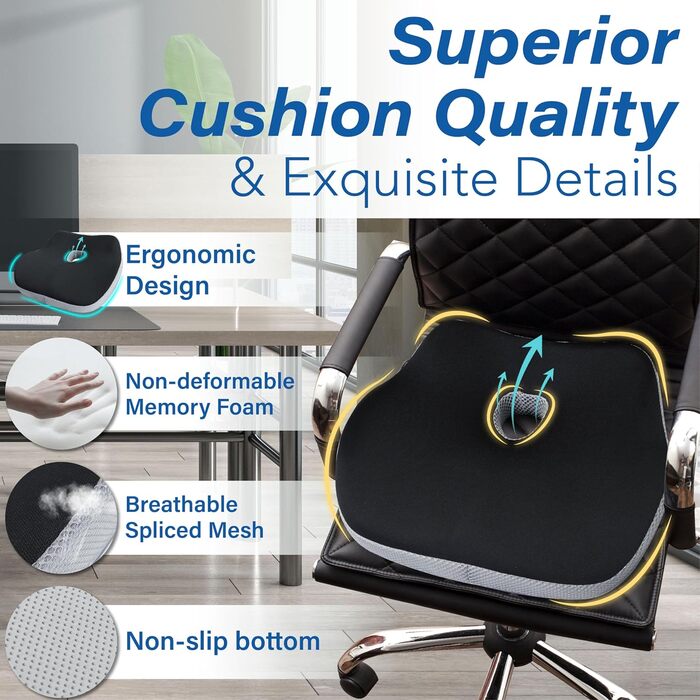 Подушка для сидіння в авто з Memory Foam для полегшення болю в попереку, велика, для коротких водіїв на далекі відстані - автокрісло для машини, офісу, чорно-сіра