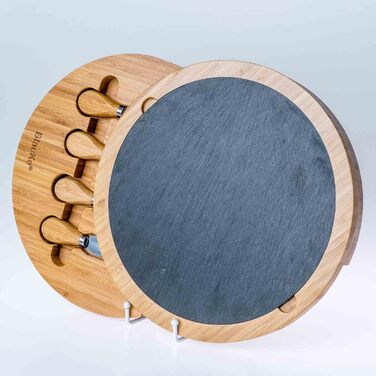 Bamboo Cheese Board with Cheese Knife Set and Slate Plate – Wooden Serving Platter for Cheese and Appetizers – 30cm Rotating Cheese Board – Round Serving Board – Cheese Board Charcuterie Board