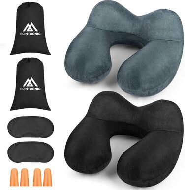 Надувна подушка для шиї Flintronic, ергономічна підголовник з велюровим чохлом, для подорожей та кемпінгу (темно-сірий)